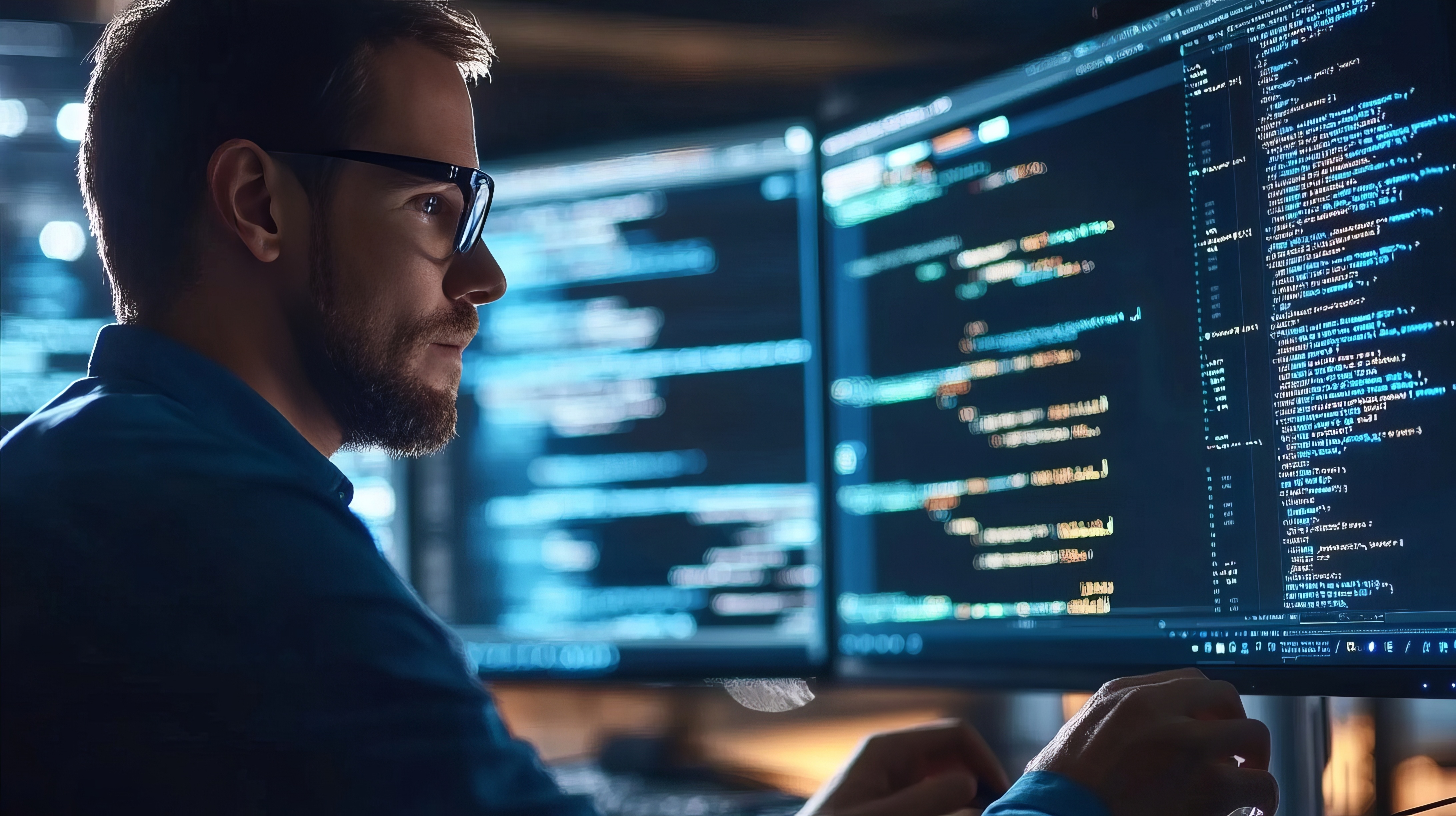 Software engineer working with code across multiple monitors.