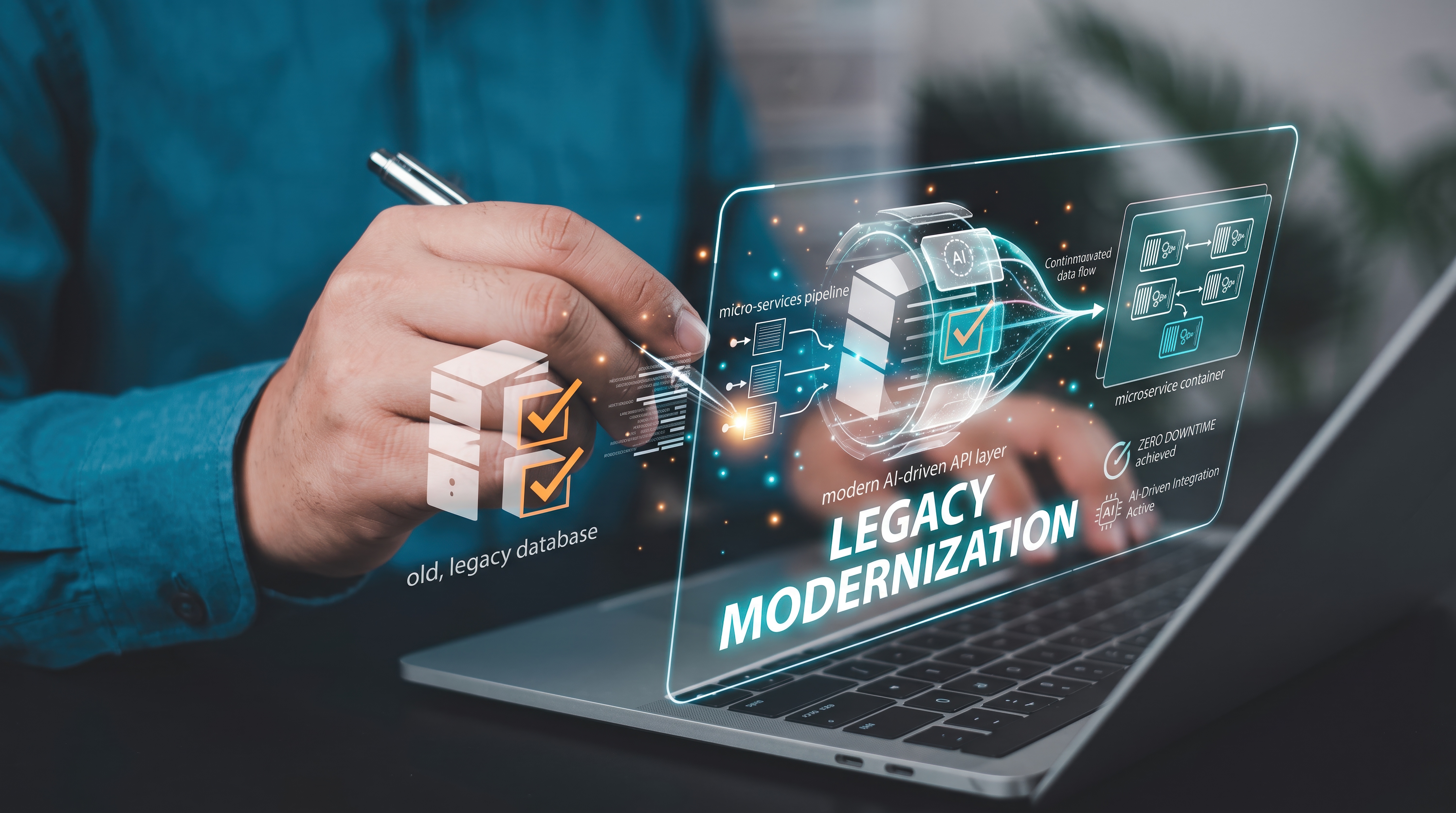 Conceptual illustration of legacy software modernization and connected services.