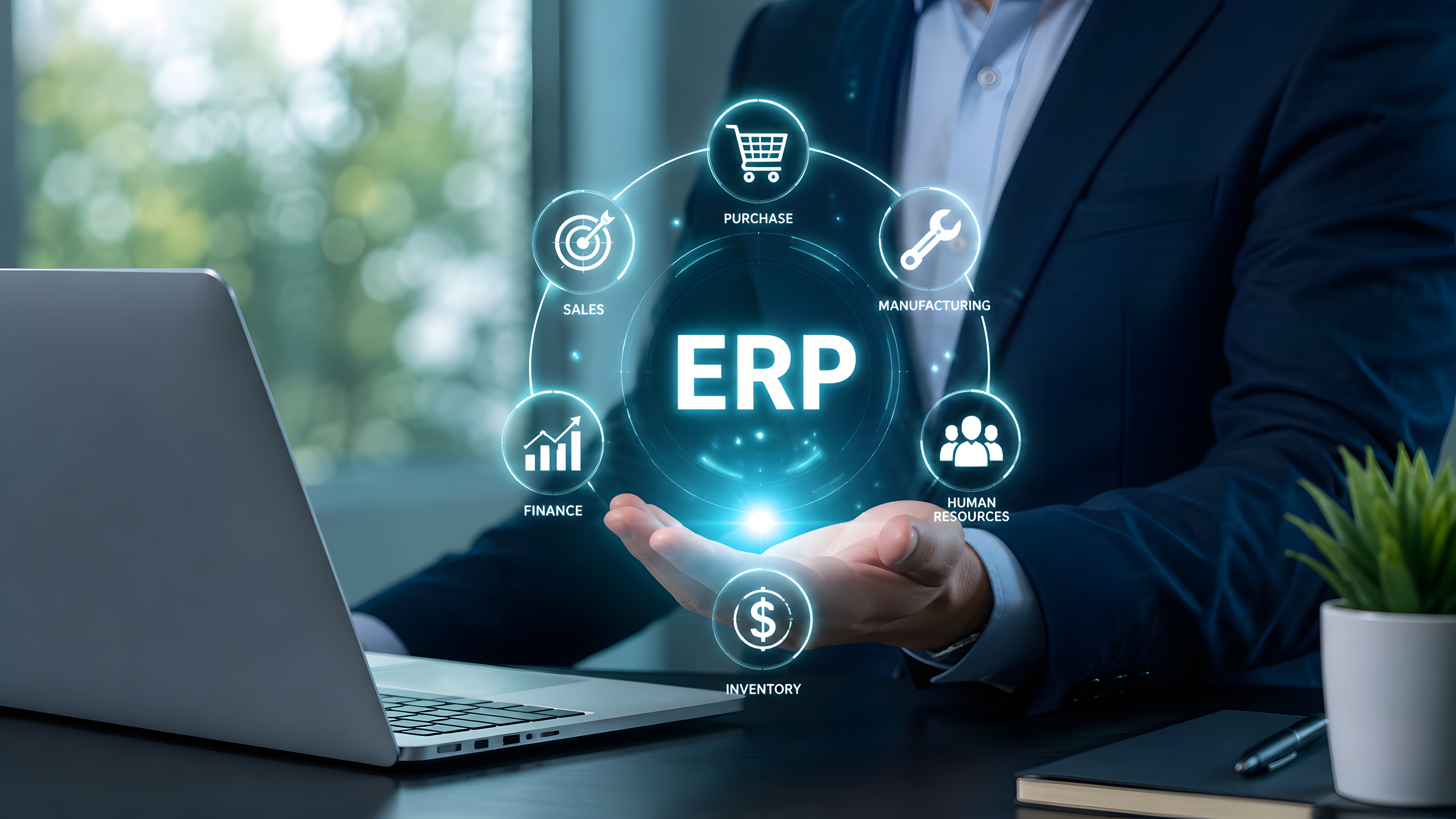 Conceptual illustration connecting ERP with business functions.