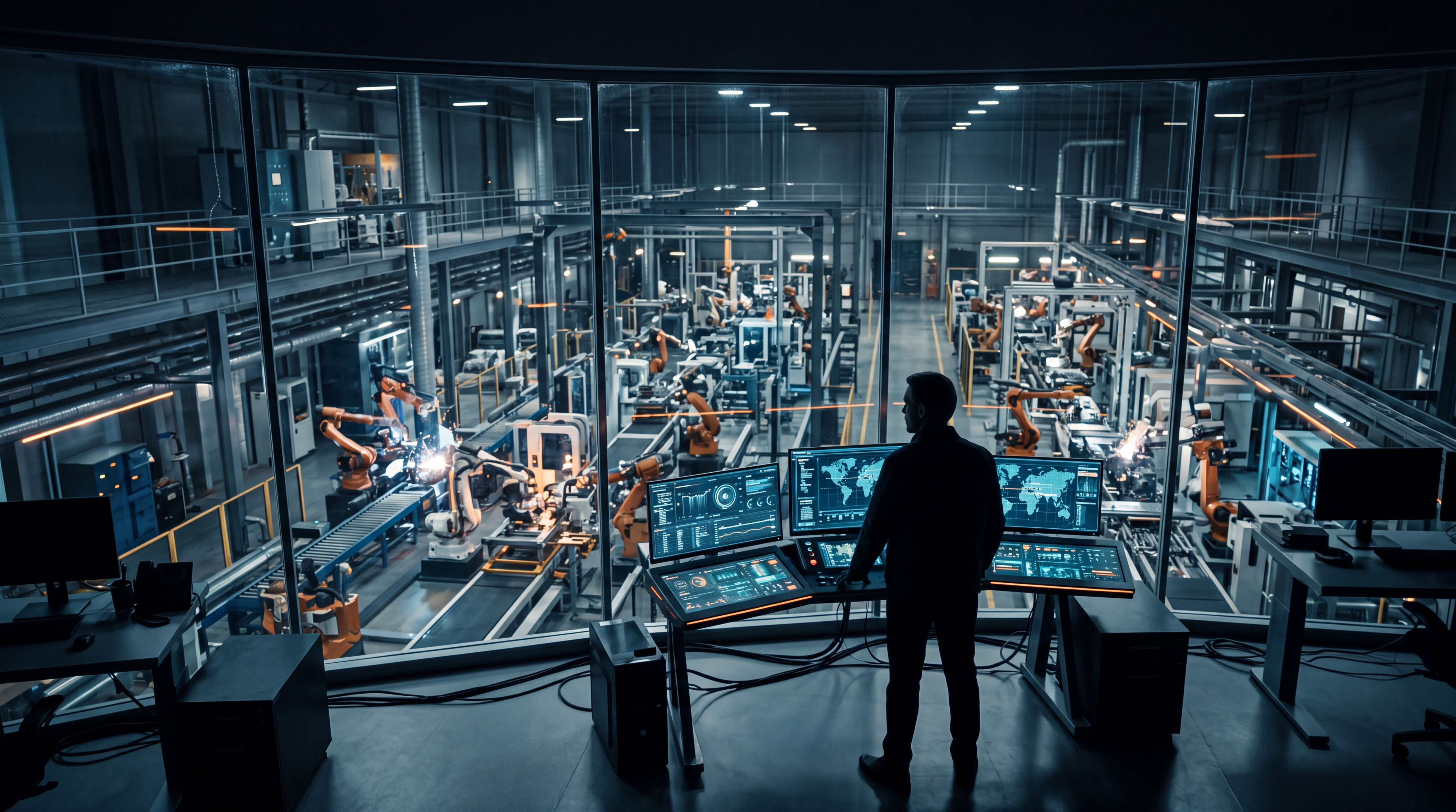 Operator overlooking an automated production floor from a monitoring workstation.