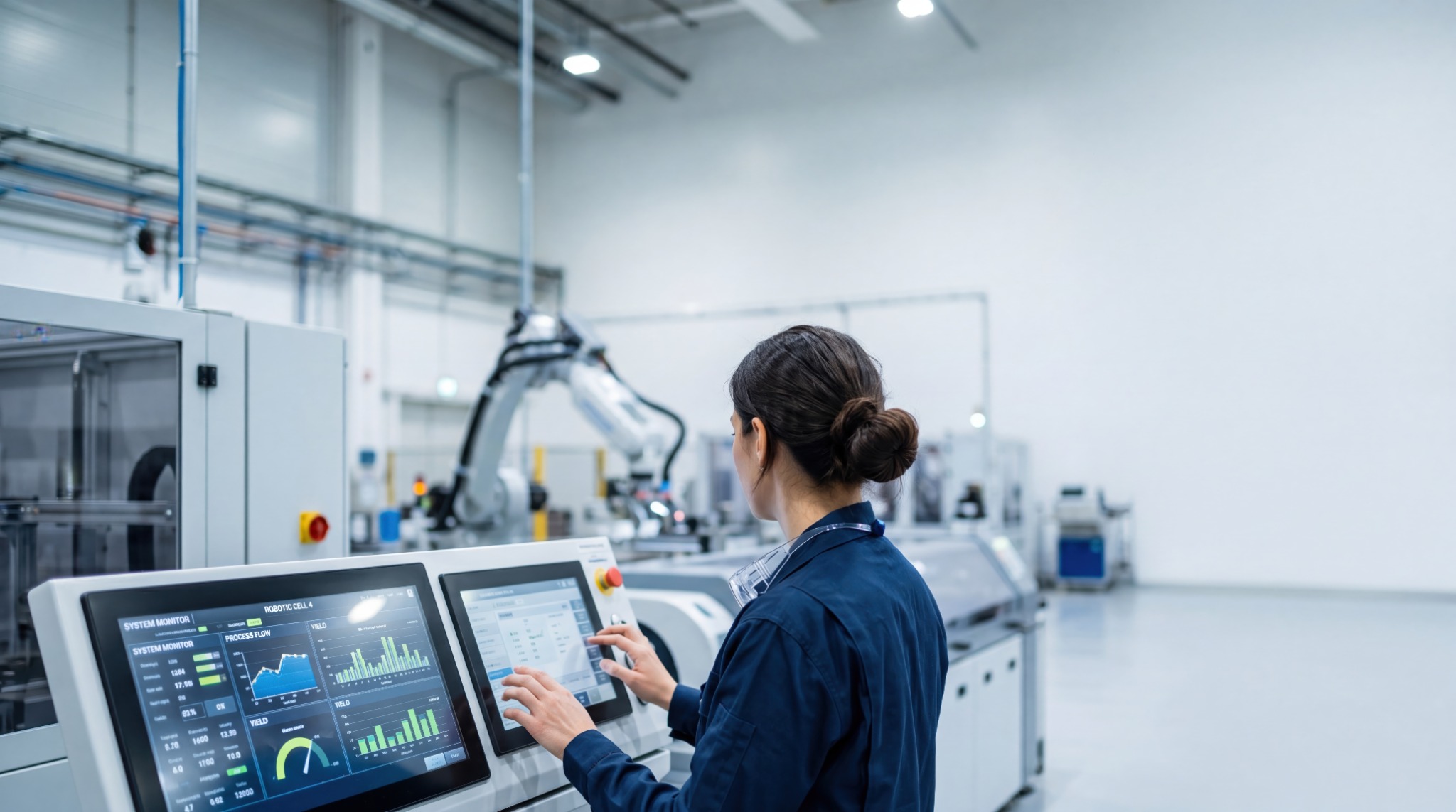 An operator reviewing production information beside automated equipment