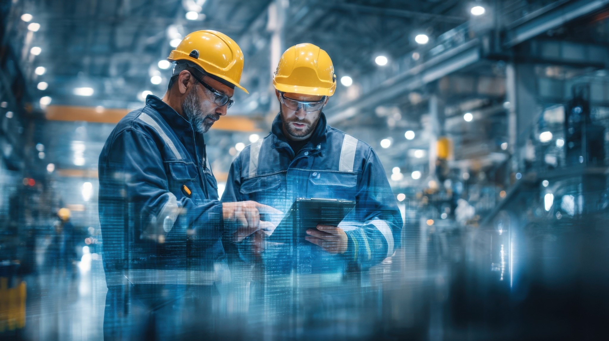 Engineers reviewing a tablet on the factory floor